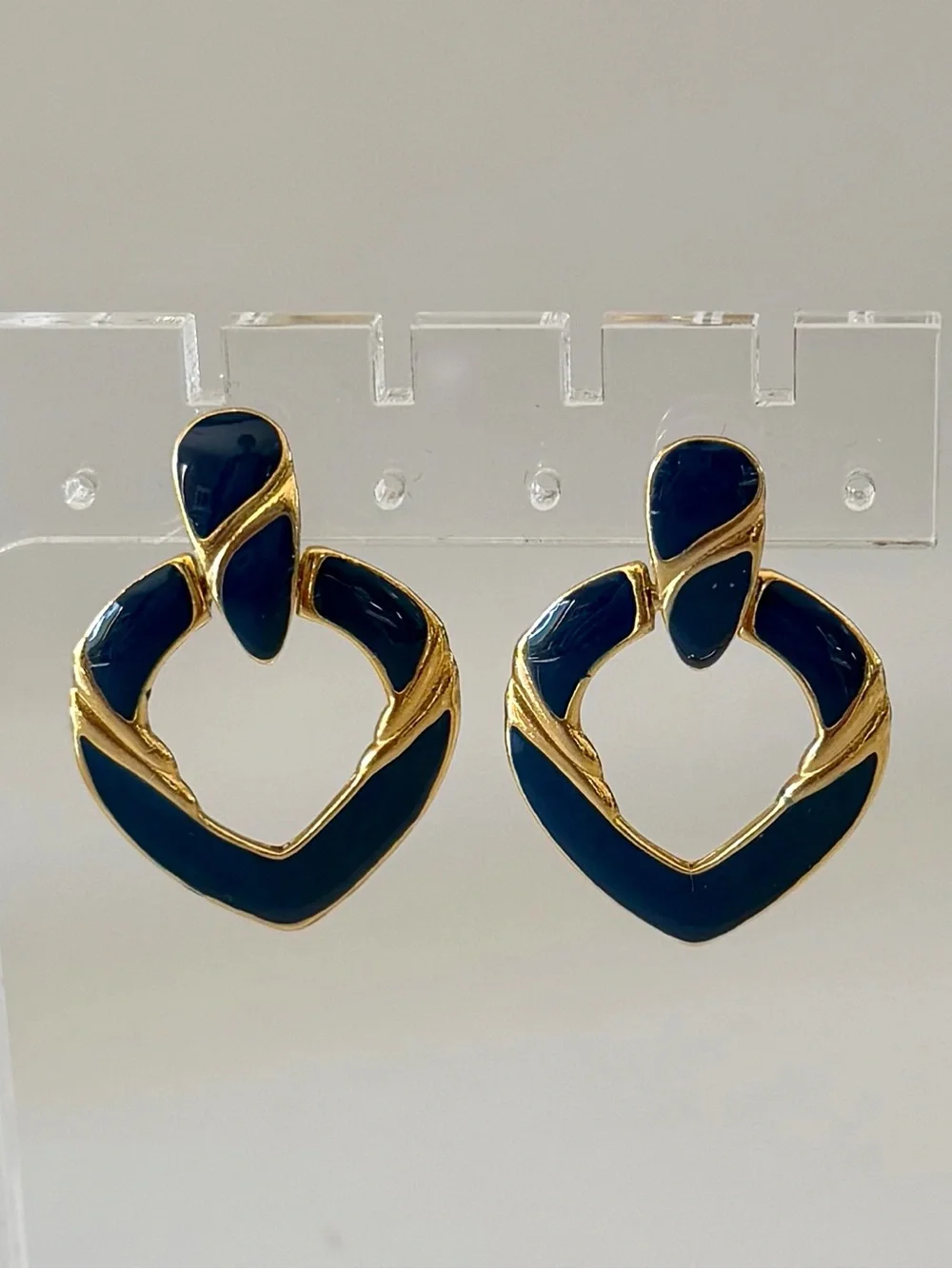 Vintage Gold and Navy Enamel Heart Drop Earrings - Women Jewelry